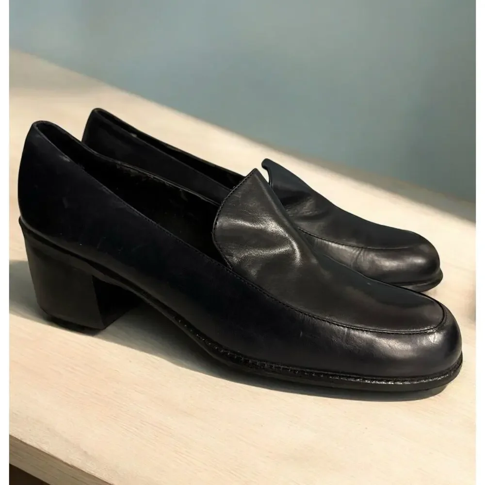 Vtg Y2K Liz‎ Claiborne Women’s 8.5N Narrow Loafers Navy Blue Leather Chunky Heel
